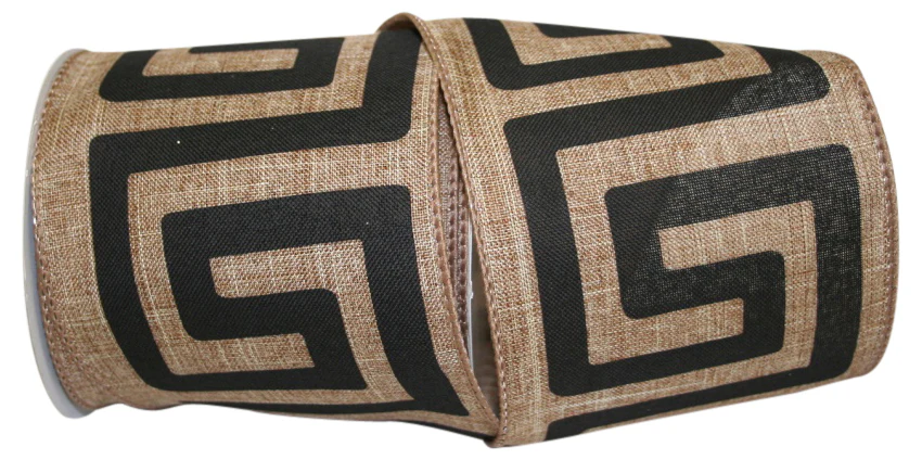 Ribbon - Grecian Key Linen Wired Edge, Natural, 4 Inch, 10 Yards