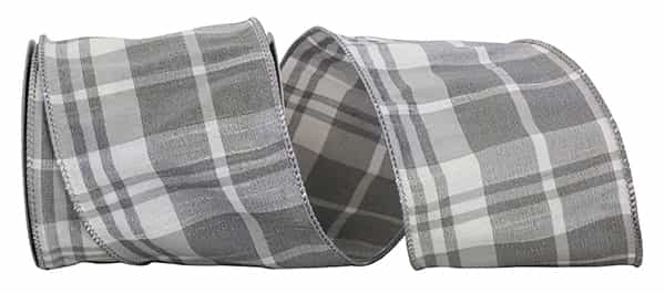 Ribbon - Plaid Elegance Dupioni Wired Edge, Grey, 4 Inch, 10 Yards