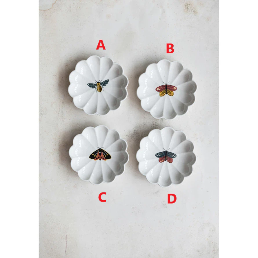 Round Stoneware Scalloped Dish with Insect