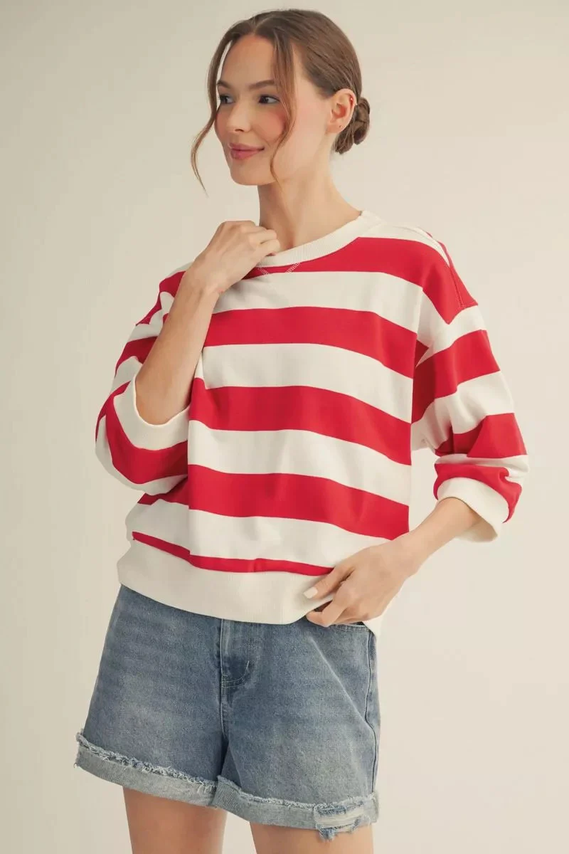 Roxanne V-Notched Bold Stripe Casual Top - Image 10