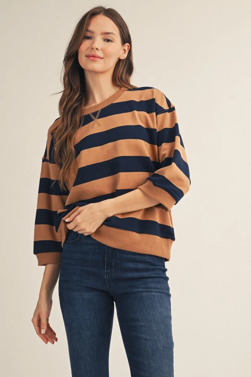 Roxanne V-Notched Bold Stripe Casual Top - Image 14