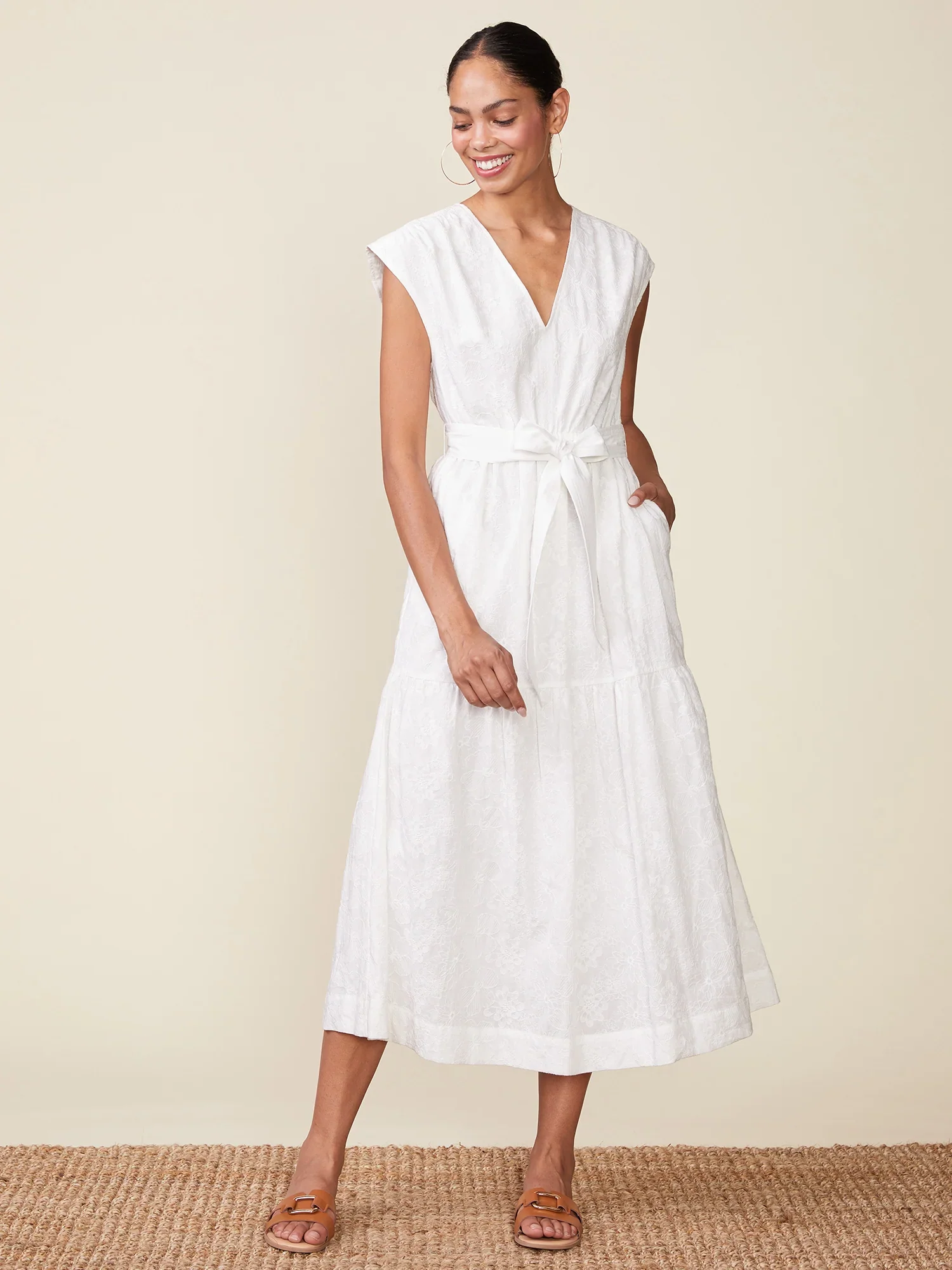 Rylie Embroidered Cotton V-neck Midi Dress