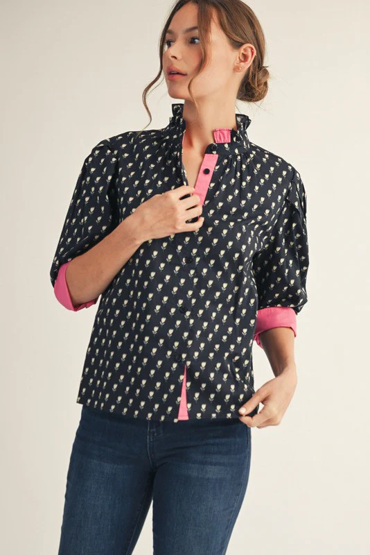 Sarah Solid Contrast Detail Button Down Floral Top - Image 5