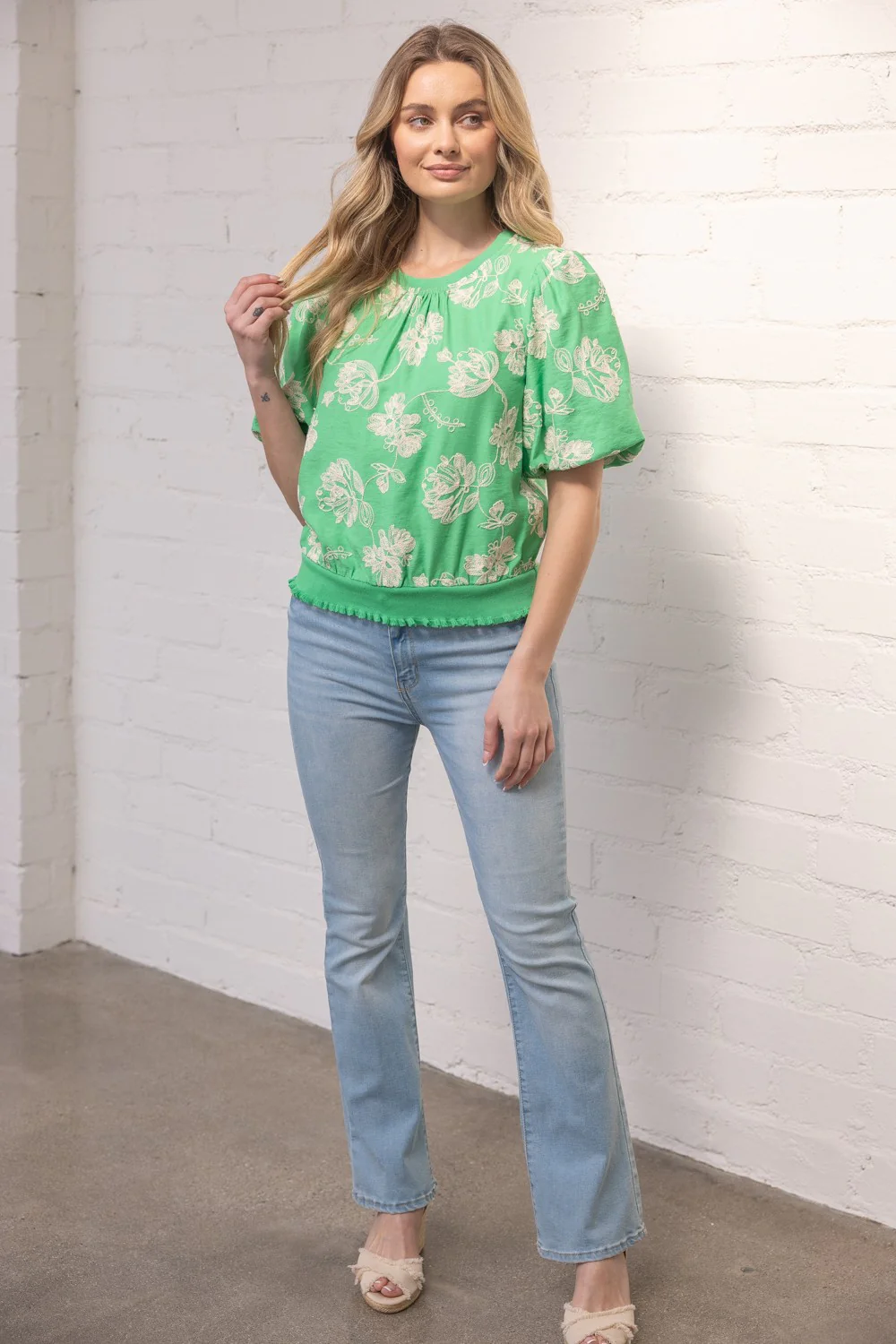 Scarlett Floral Embroidered Elastic Banded Bubble Sleeve Top - Image 17