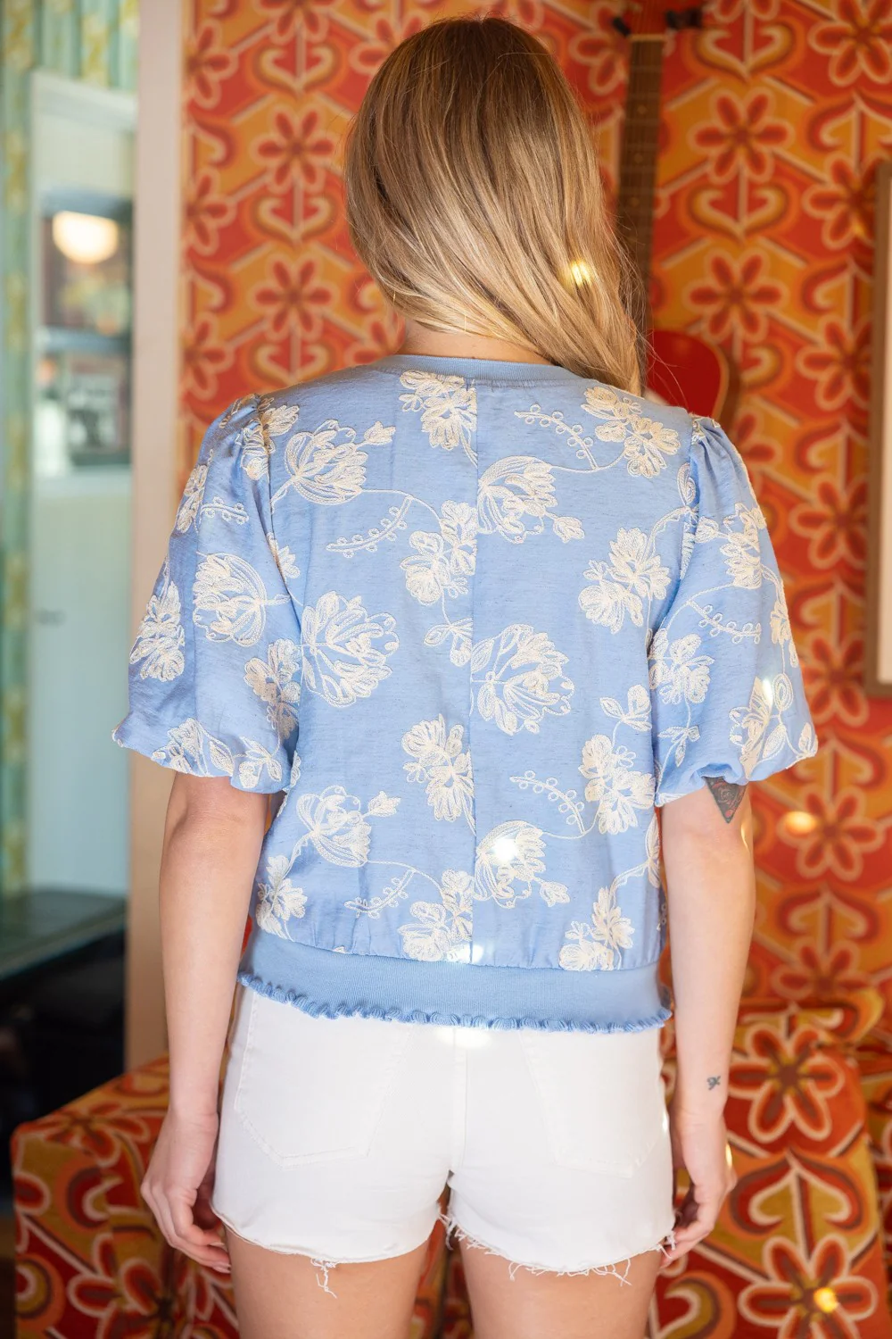 Scarlett Floral Embroidered Elastic Banded Bubble Sleeve Top - Image 3