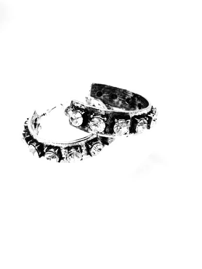 Silver C Hoops Vintage Earrings with Clear Rhinestones