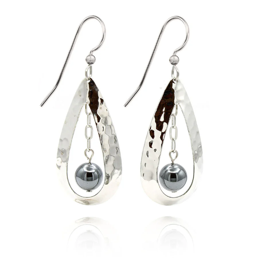 Silver Contemporary Teardrop & Bead Earrings