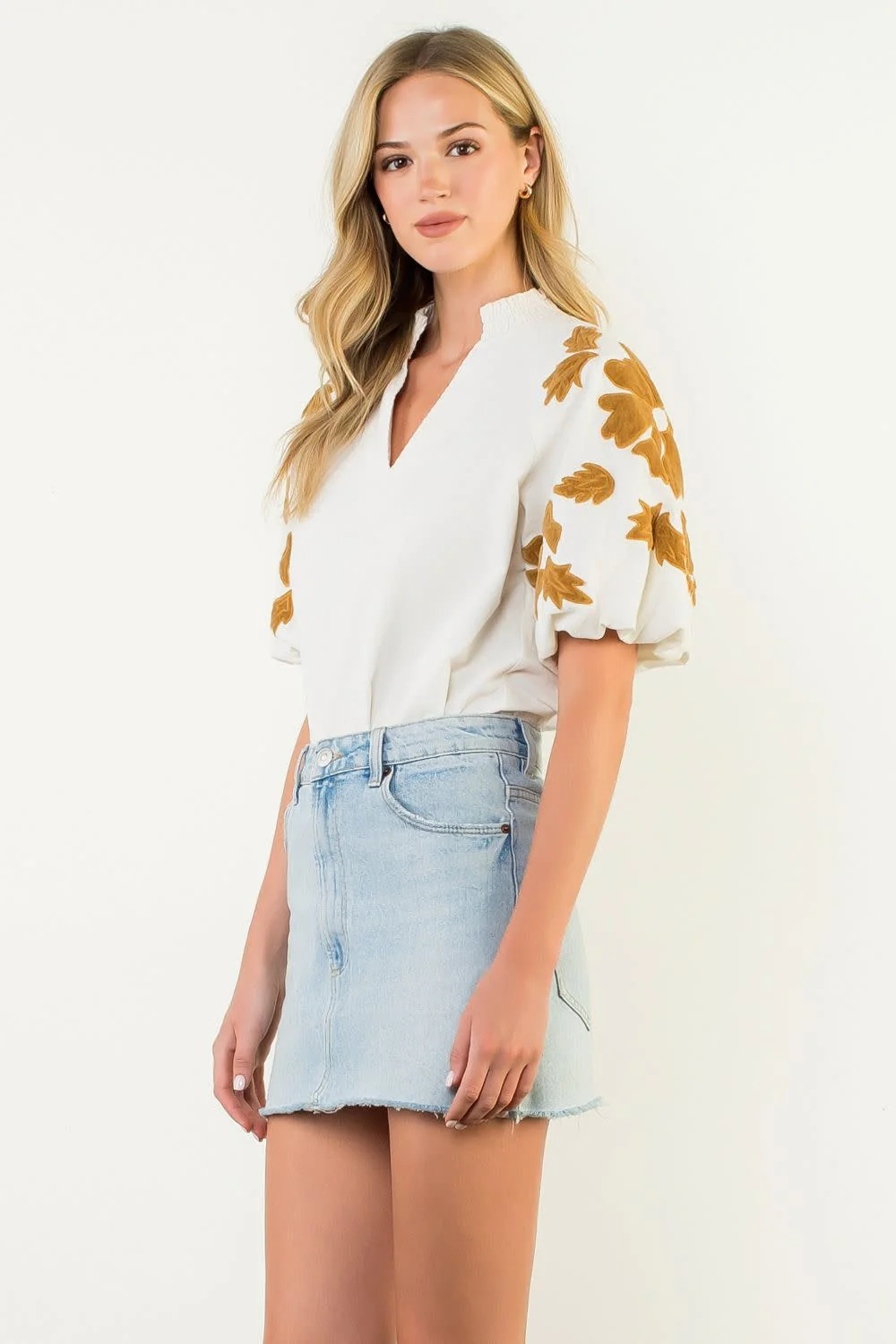Sophia Embroidered Chenille Floral Puff Sleeve Top - Image 2