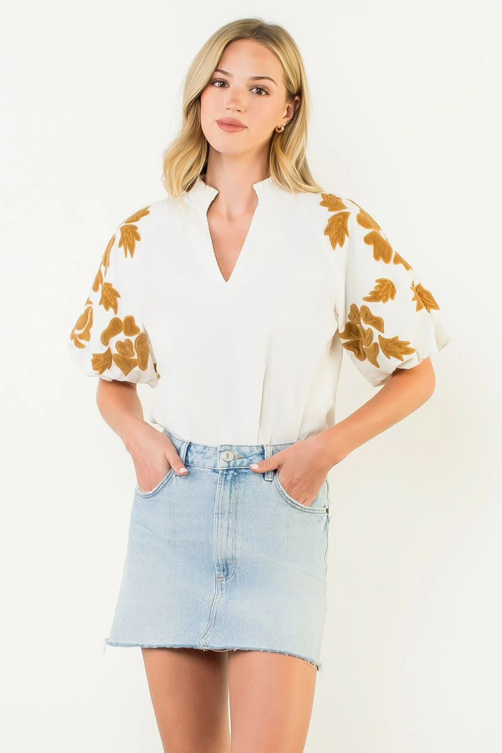 Sophia Embroidered Chenille Floral Puff Sleeve Top - Image 4