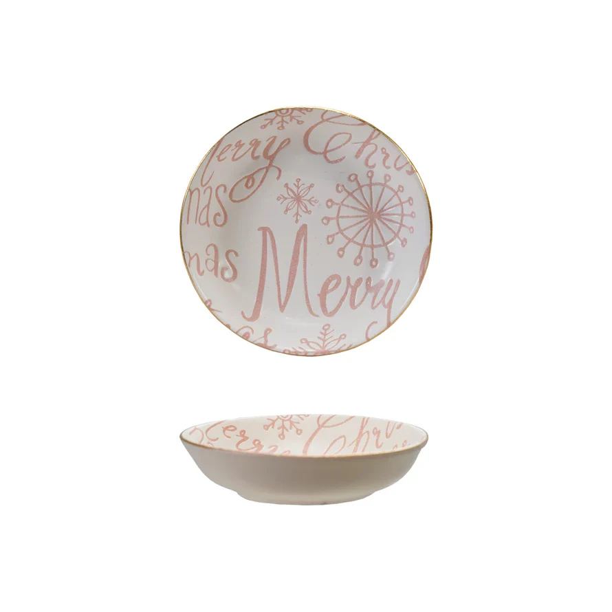 Stoneware Dish With Gold Color Rim "Merry Christmas" - Pink & White