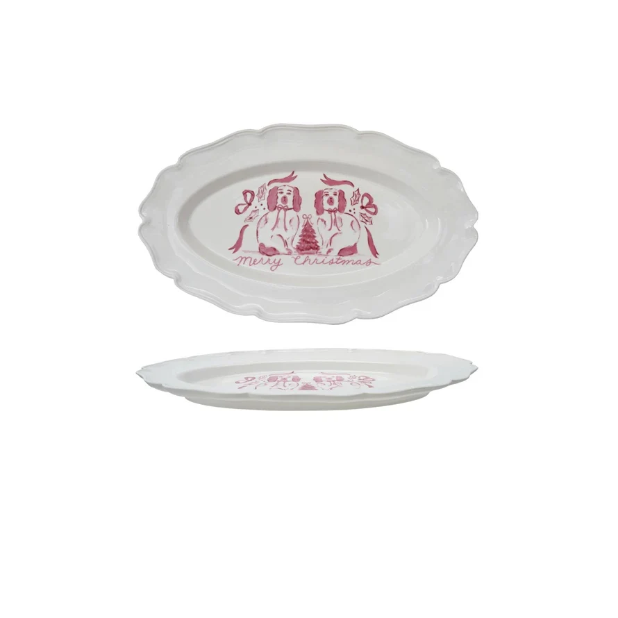 Stoneware Scalloped Platter with Staffordshire Dogs