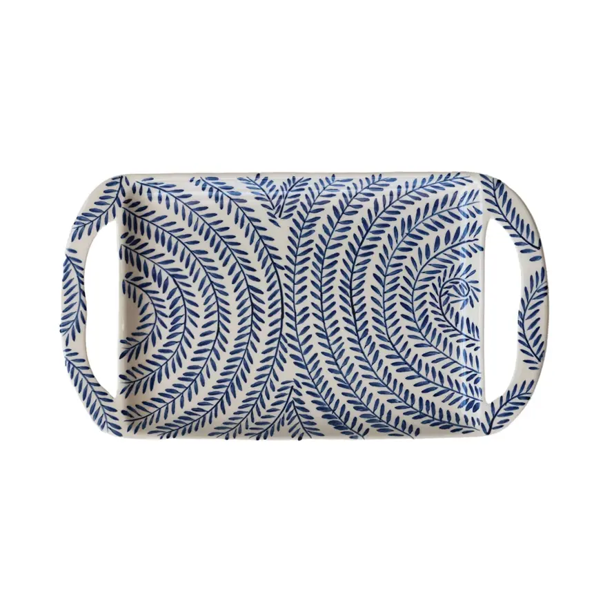 Stoneware Tray with Botanical Pattern & Handles