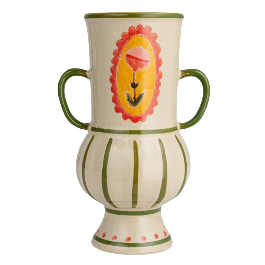 Stoneware Vase with Flower & Handles