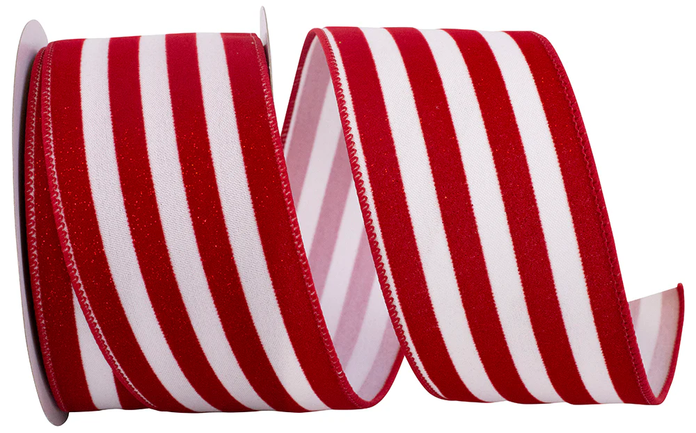 Striped Grande Velvet Sparkle Wired Edge Ribbon - Red/White - Image 4