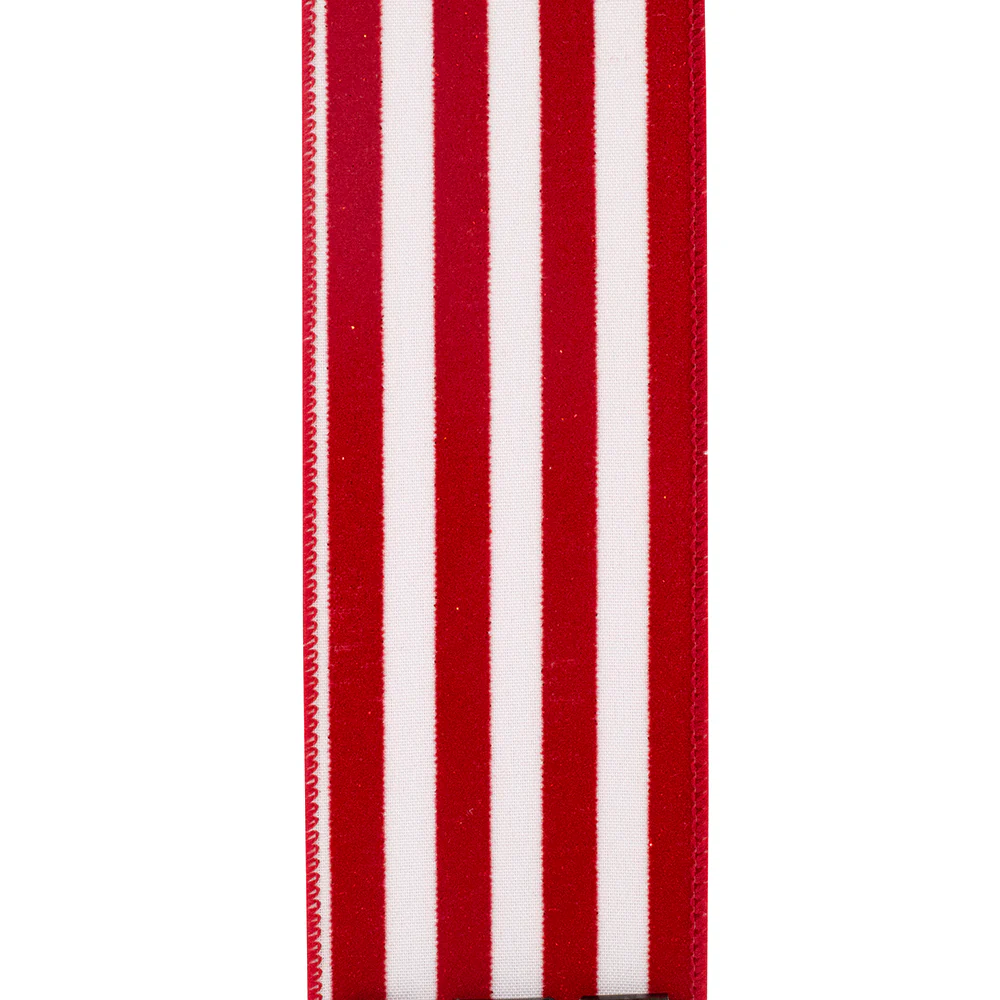 Striped Grande Velvet Sparkle Wired Edge Ribbon - Red/White - Image 5