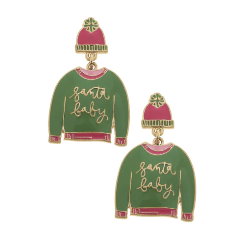 Sweater And Beanie Enamel Earrings In Green And Pink - Image 2