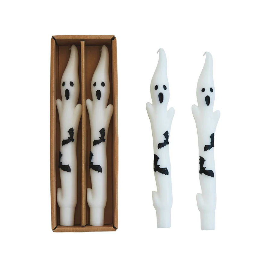 Unscented Ghost Shaped Taper Candles W Bats in Box - White & Black
