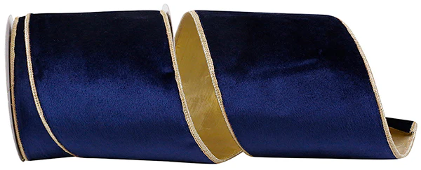 Velvet Plush Royale Gold Backed Wired Edge Ribbon - Navy/Gold