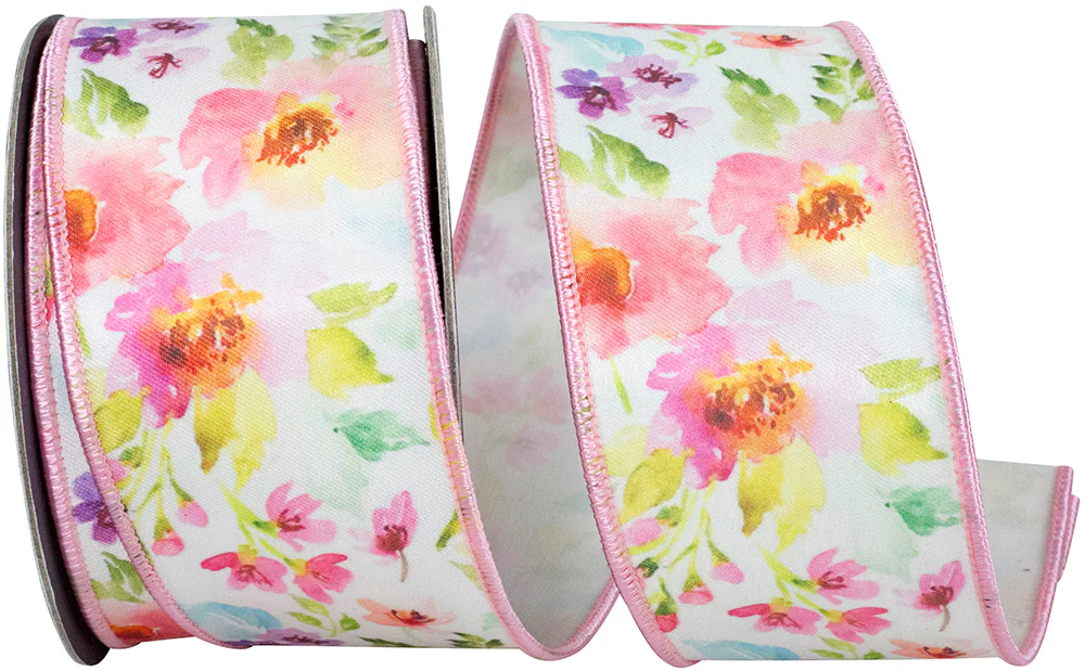 Watercolor Flowers Deluxe Fused Wired Edge Ribbon White/Pink 2-1/2 inch