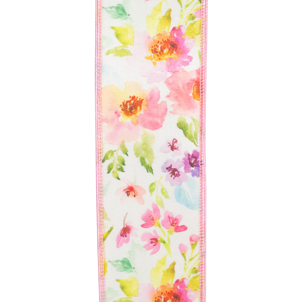 Watercolor Flowers Deluxe Fused Wired Edge Ribbon White/Pink 2-1/2 inch - Image 3