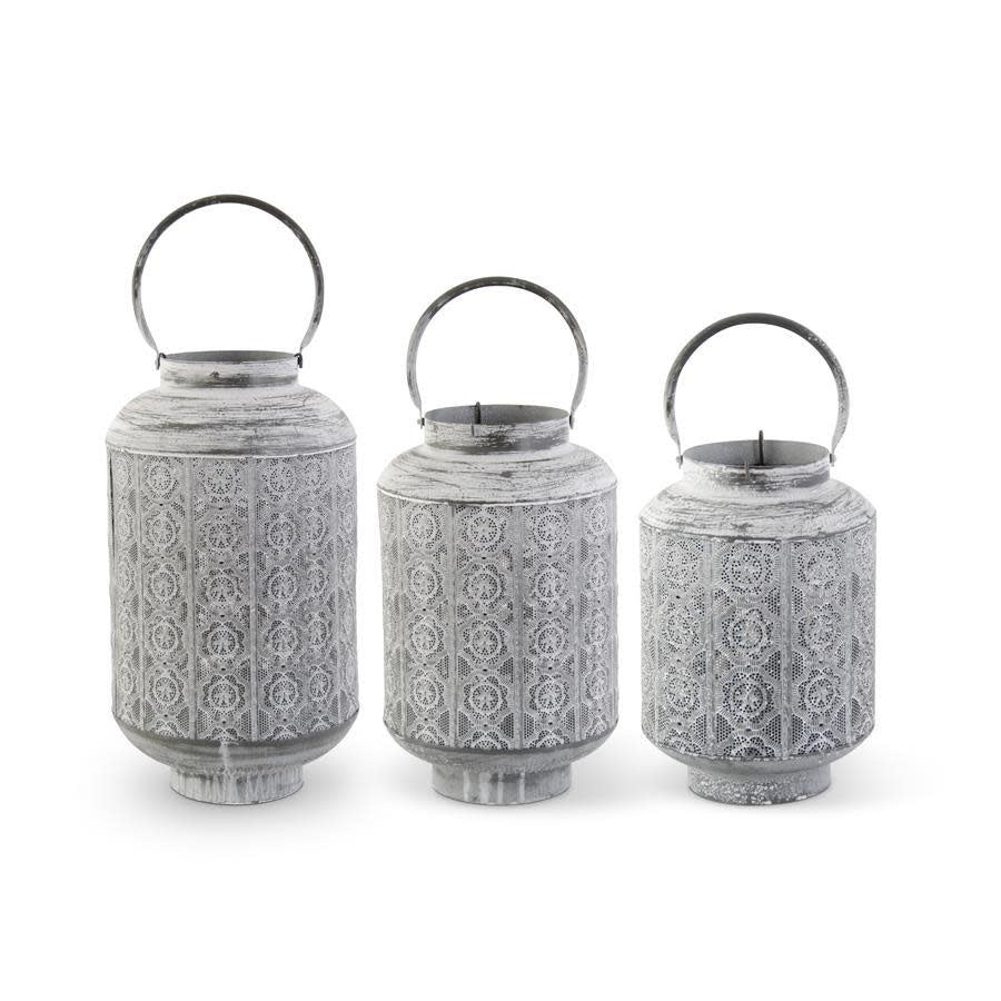 Whitewashed Medallion Punched Metal Lantern with Candle Lift