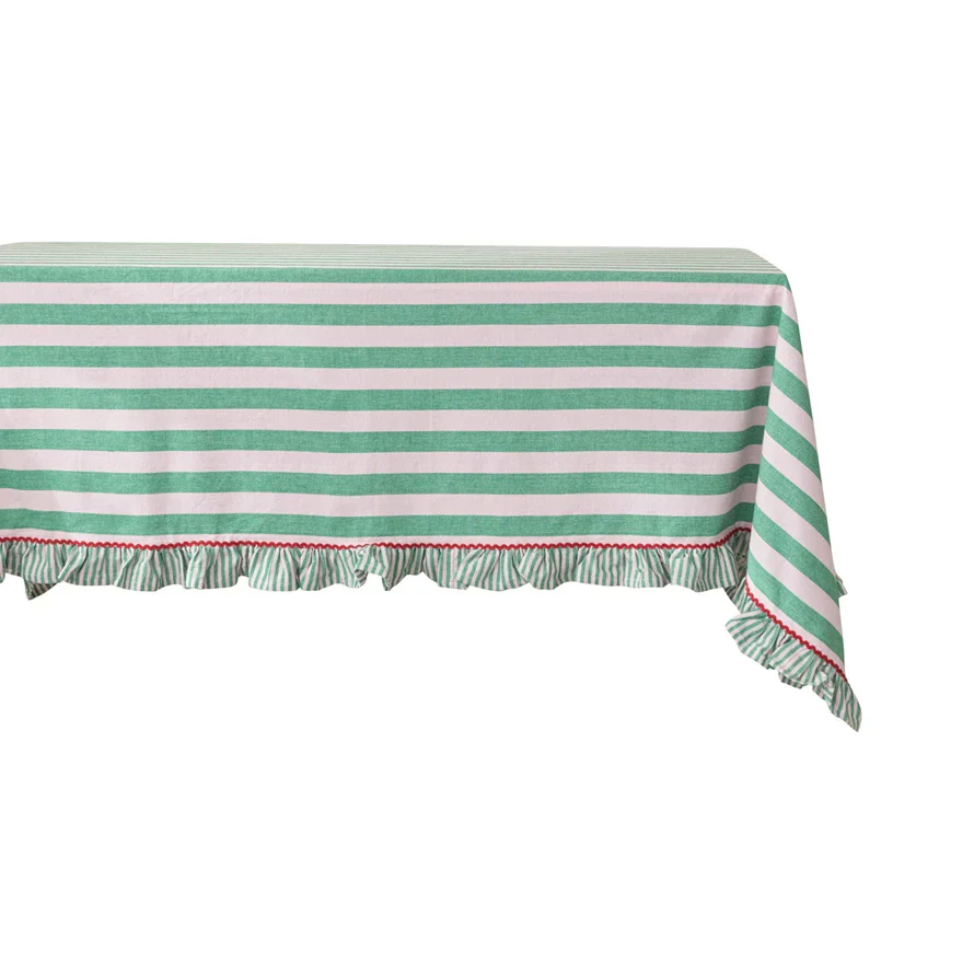 Woven Cotton Striped Tablecloth With Ruffle & Ric Rac Trim, Green, Pink & Red - Image 2